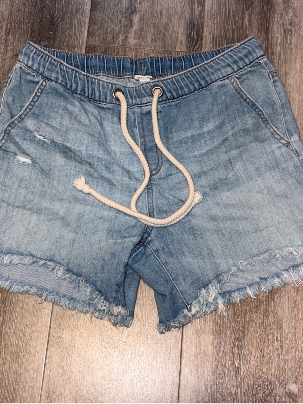 Aerie Cotton Denim Boyfriend Shorts  Oversized Womens Size Small Blue Tie Waist